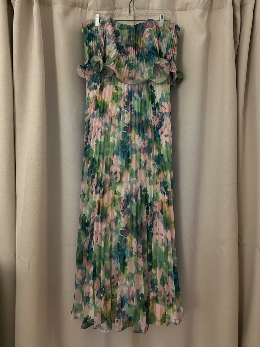 Betsy & Adam Strapless Pleated Floral Maxi Dress in Pink & Green